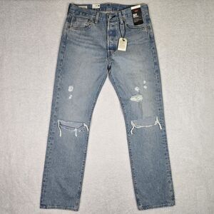 NEW Levis Premium 501 Mens 32x32 Original Fit Distressed Jeans Light Blue $98